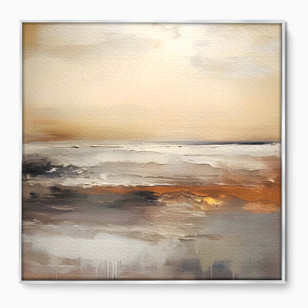 Tablou canvas cu pictura abstracta cu peisaj marin, in rama de aluminiu argintiu